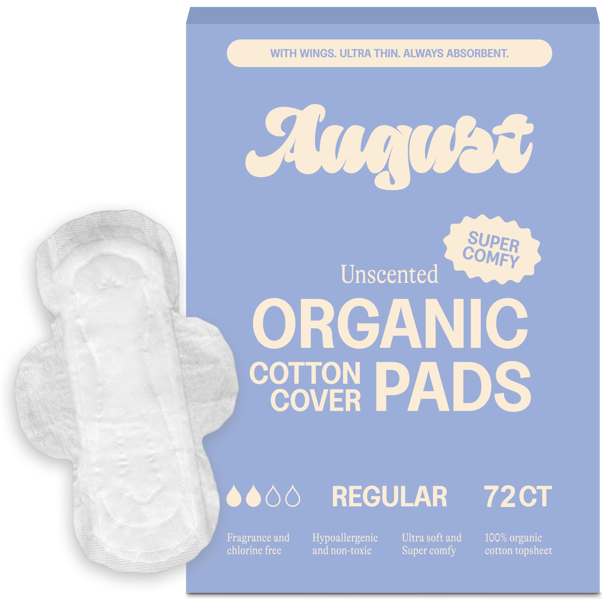 August regular cotton pad packaging showcases eco-friendly design for sustainable daily protection.
