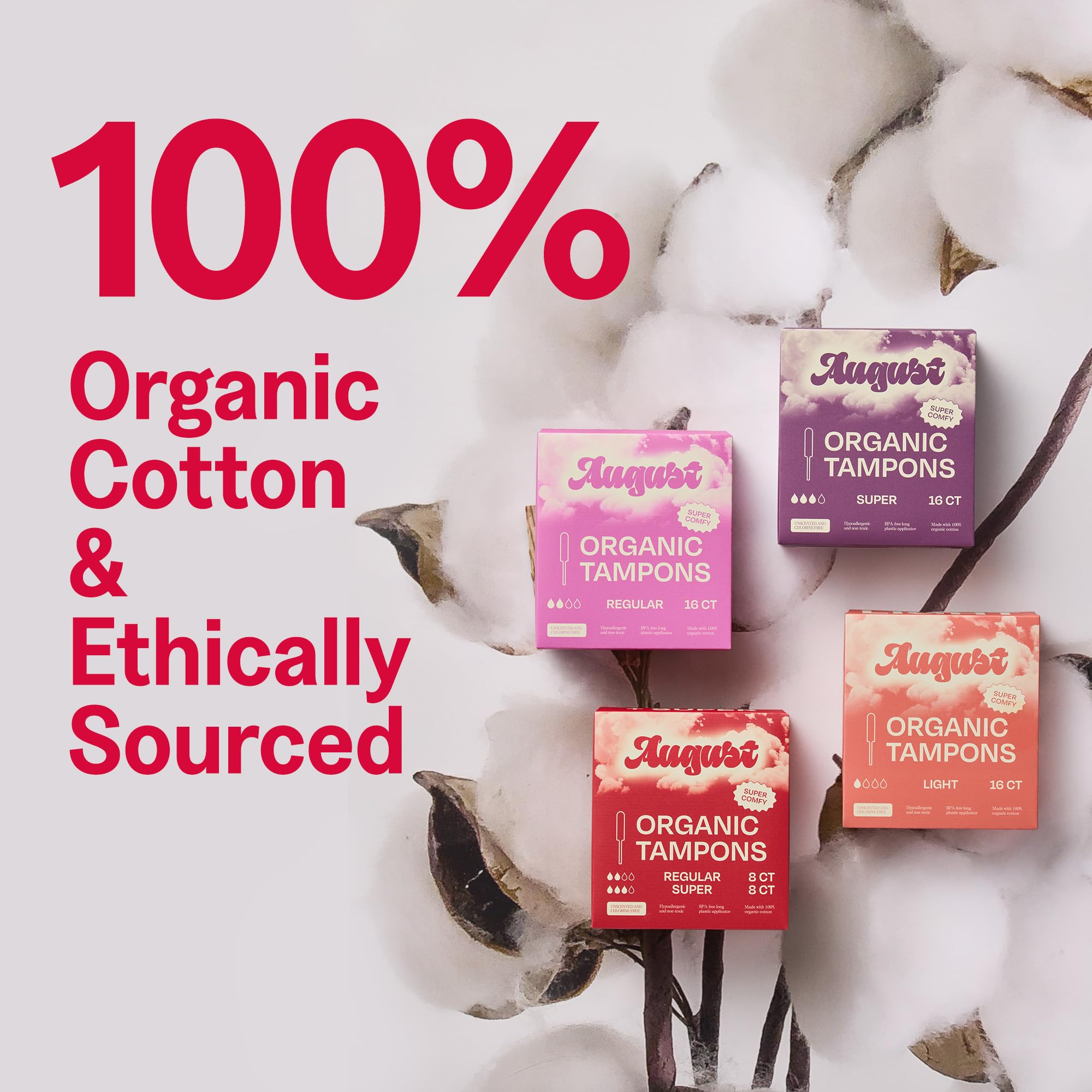 August Regular Tampons fragrance-free label supports sensitive skin and irritation-free use.