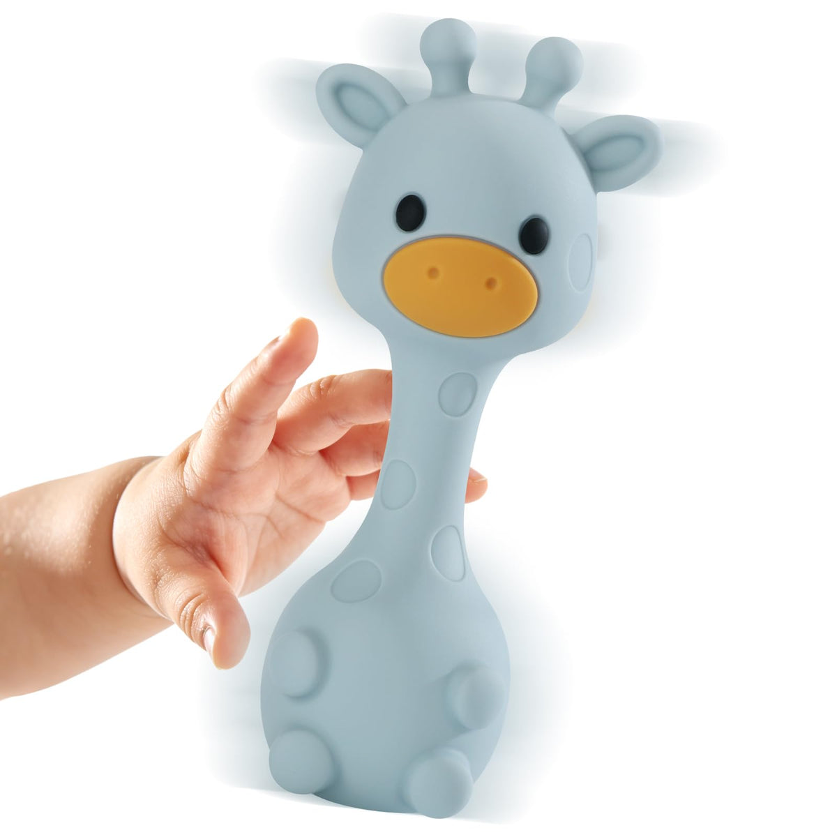 AULEGE giraffe teether front view in dusty blue for safe chewing and gentle teething relief.