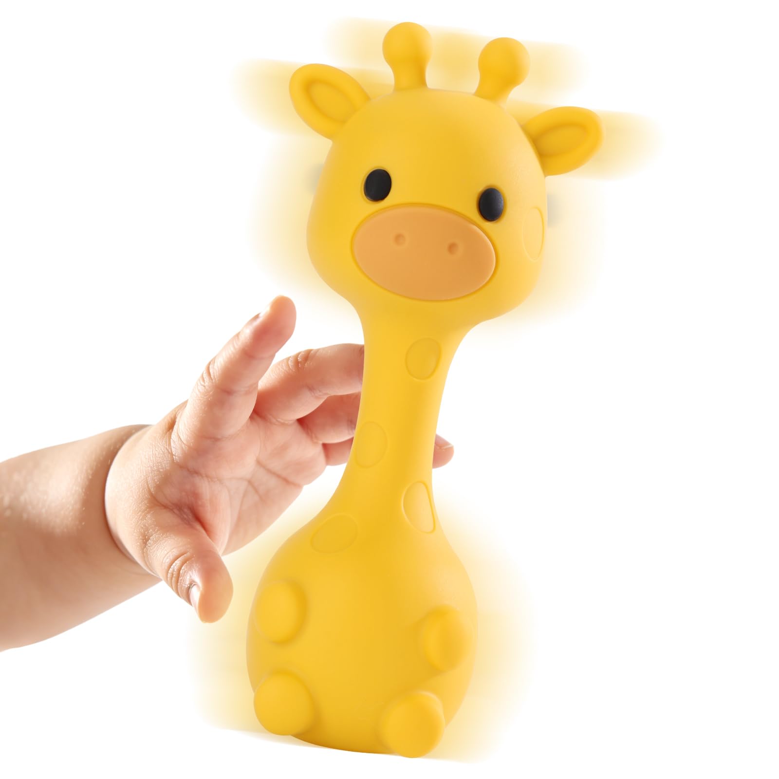 AULEGE giraffe teether front view highlights safe silicone for teething babies.