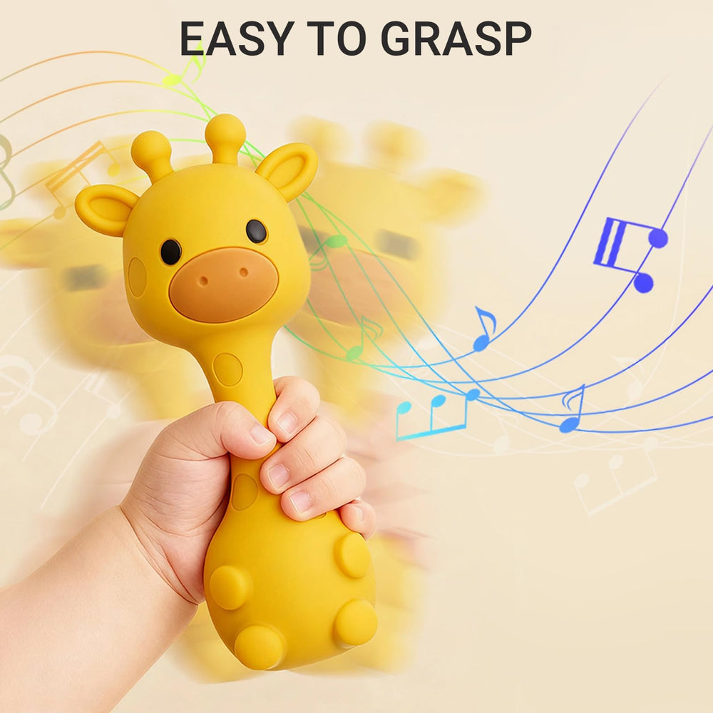 AULEGE giraffe teether rattle inside creates gentle sounds for entertainment.