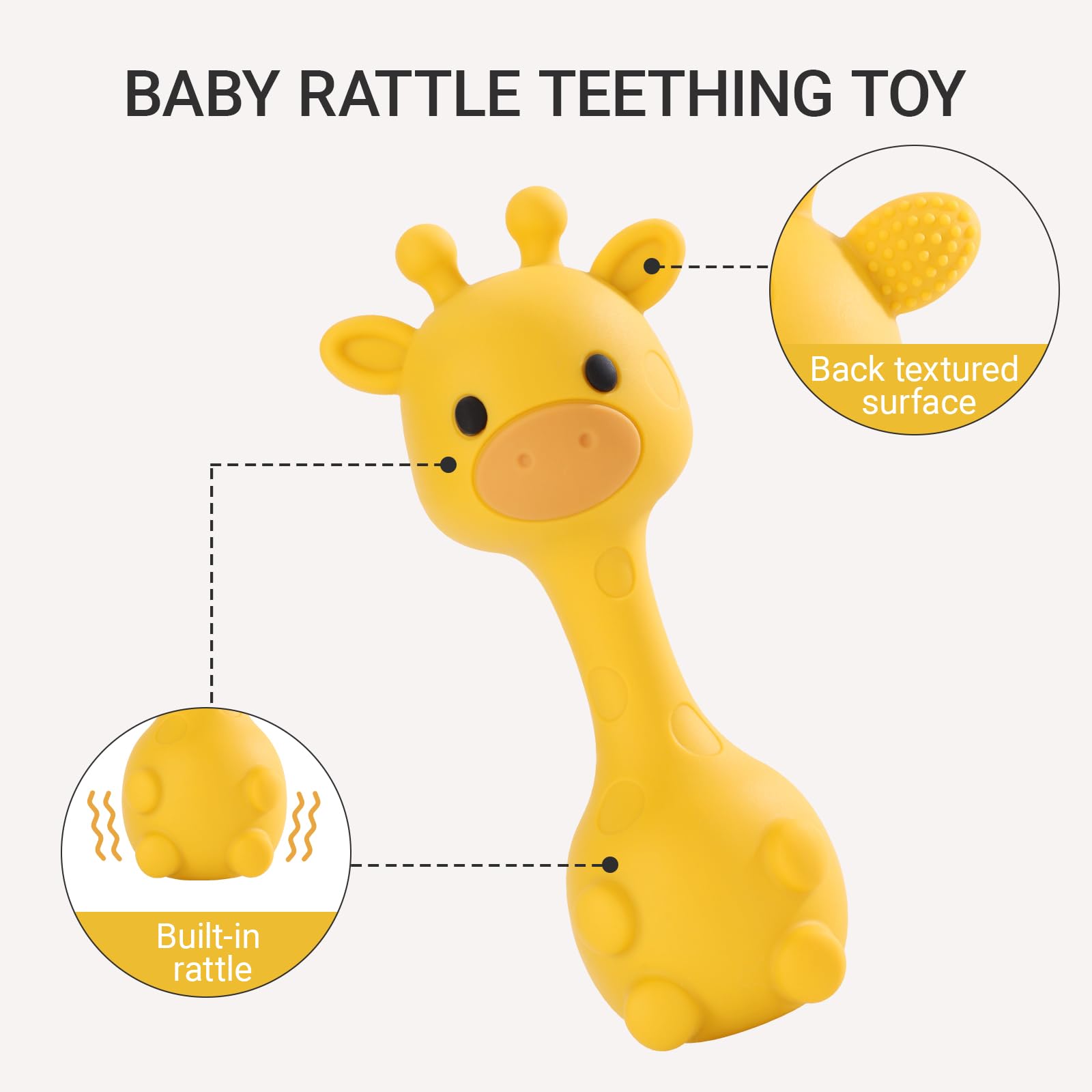 AULEGE giraffe teether side view shows easy-grip design for tiny hands.