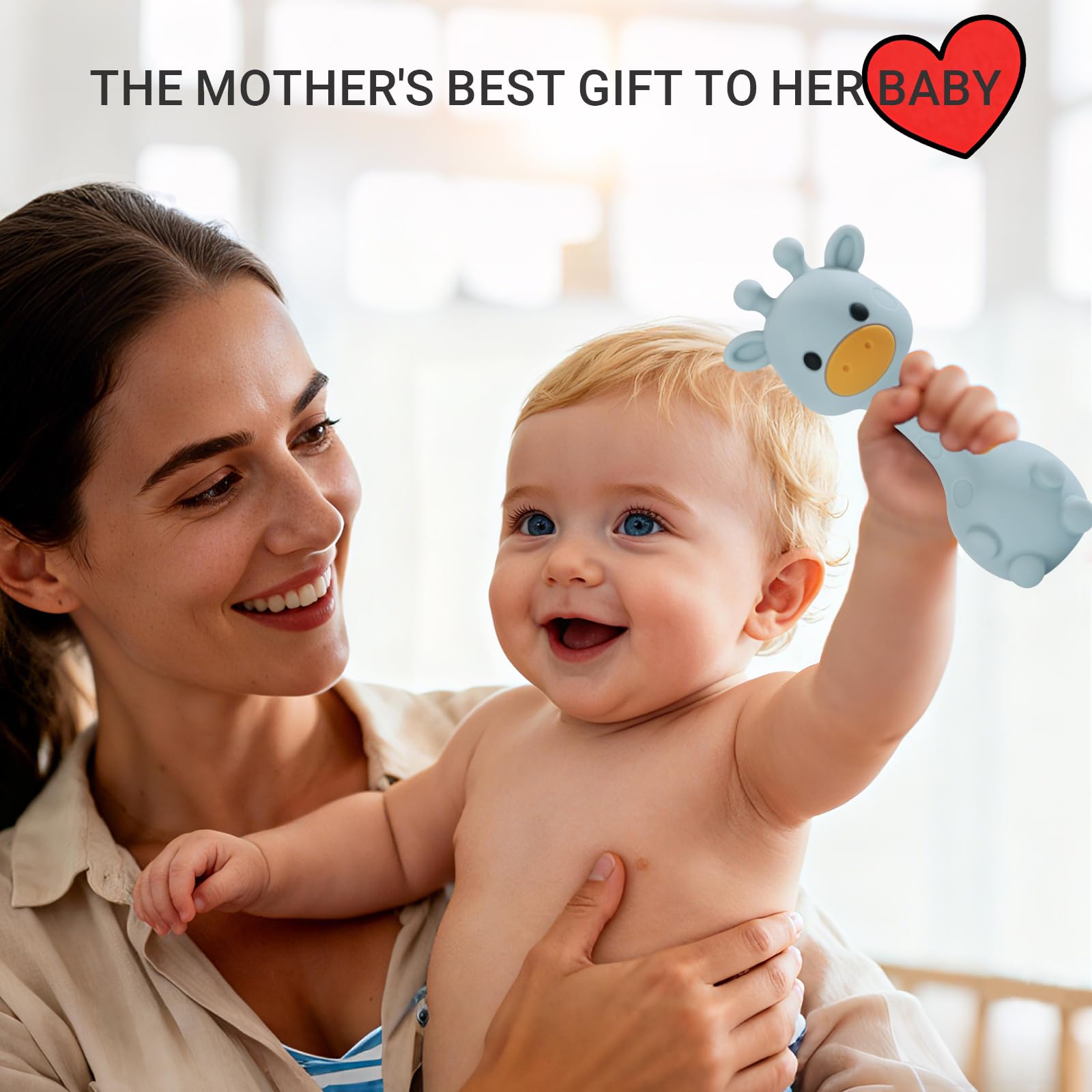 AULEGE giraffe teether made of silicone; BPA-free and safe for chewing.