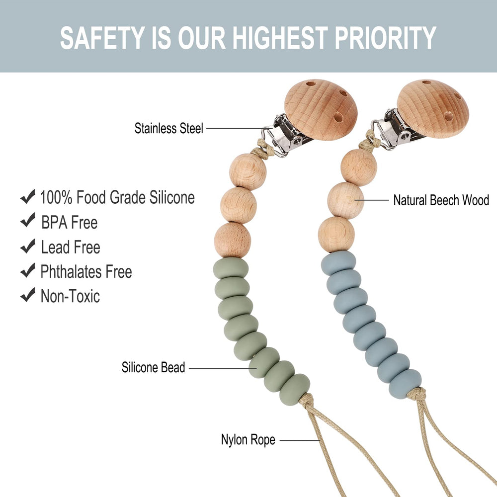 Aulege muted pink pacifier clip complements outfits and keeps pacifier handy.