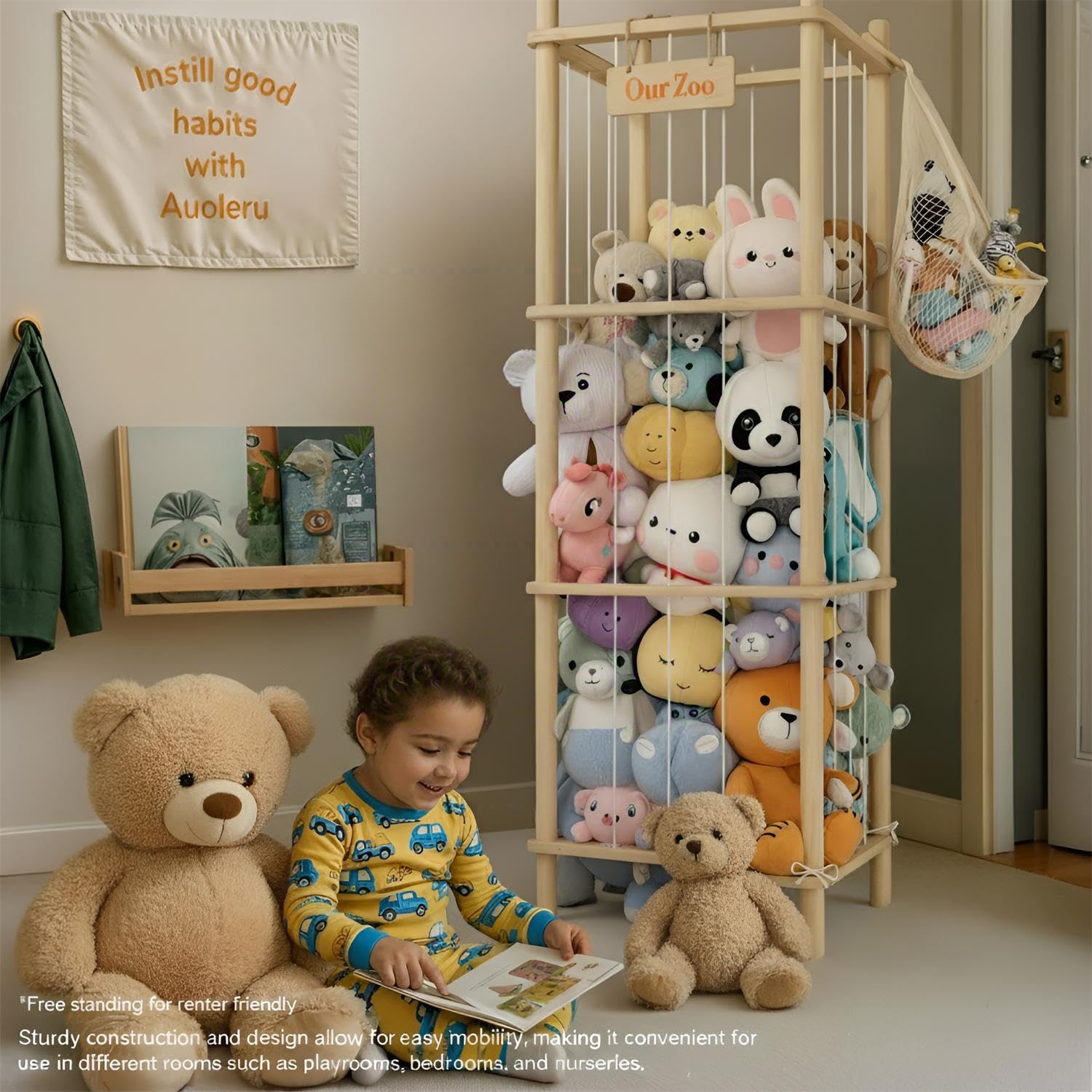Auoleru storage tower side view highlighting slim footprint for small playrooms.
