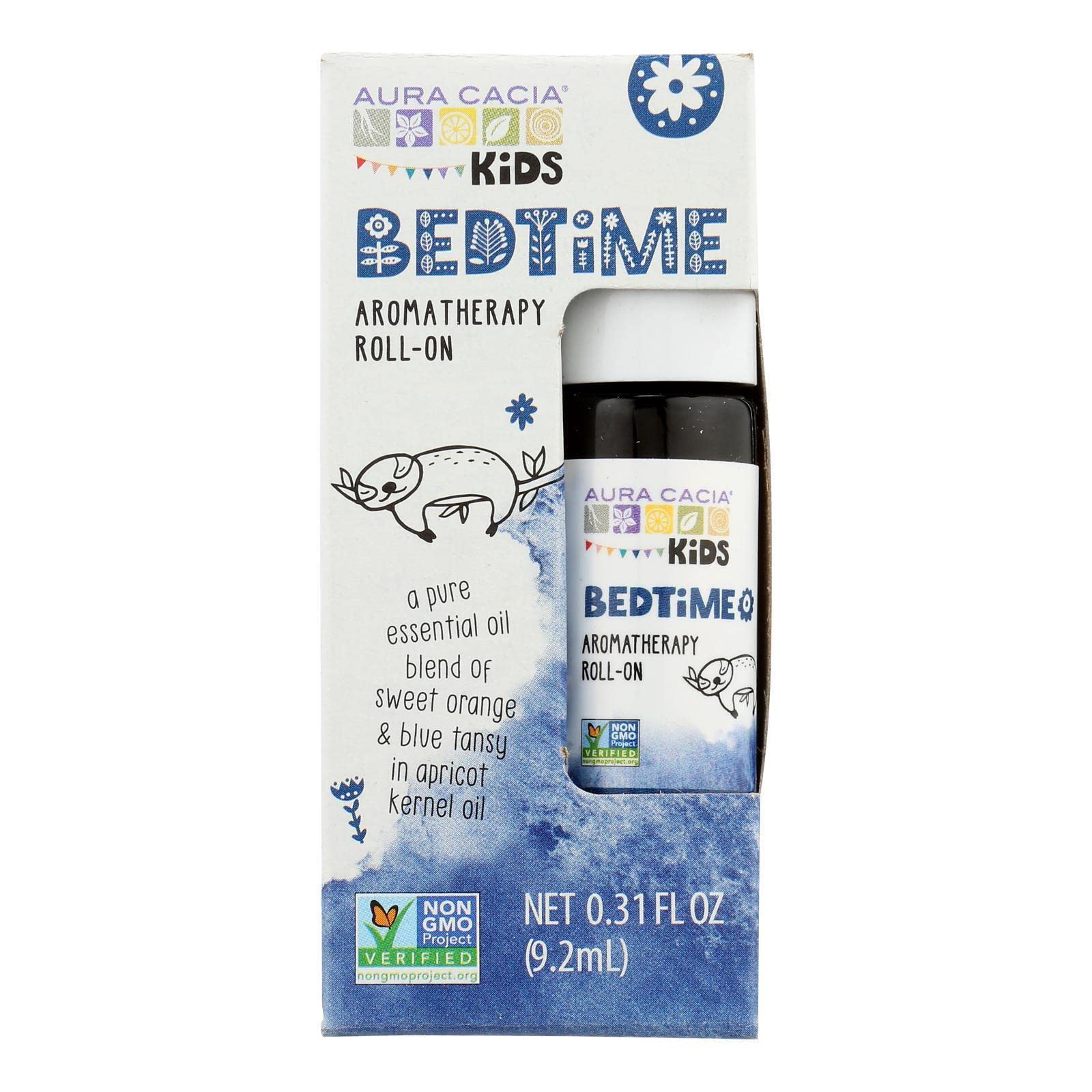 Aura Cacia Kids Bedtime Roll-On bottle with lavender, citrus, and frankincense for soothing routines