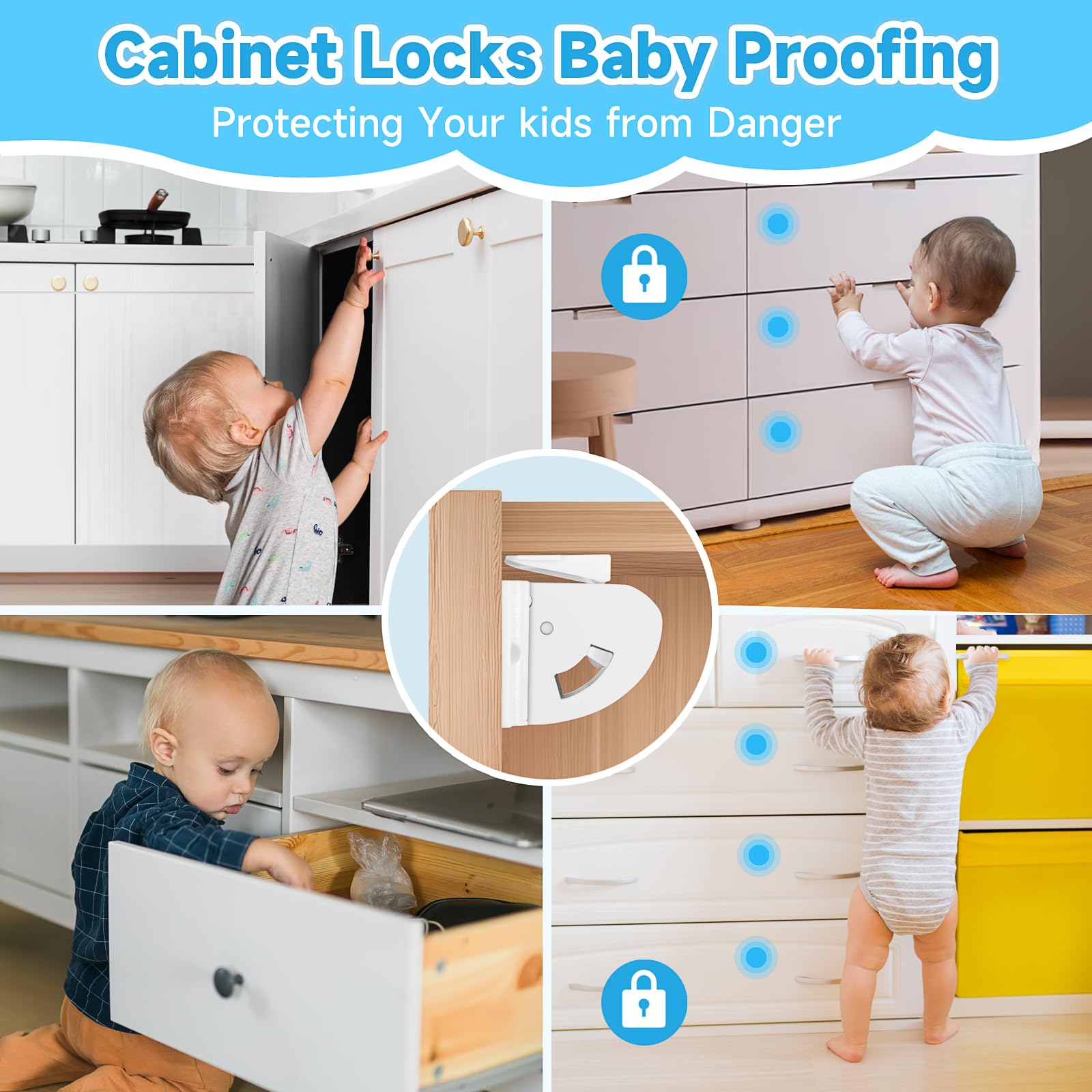 Aurblozen drawer locks with strong magnets and no drill installation.