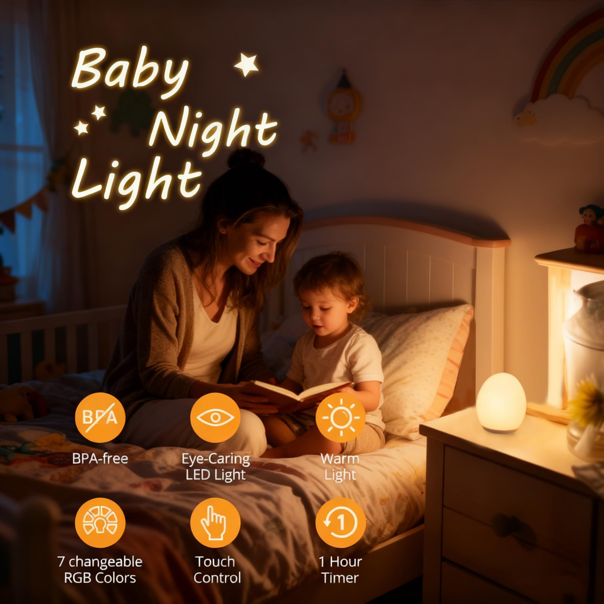 AuroraNiteBeam seven-color changing night light provides mood lighting for children.