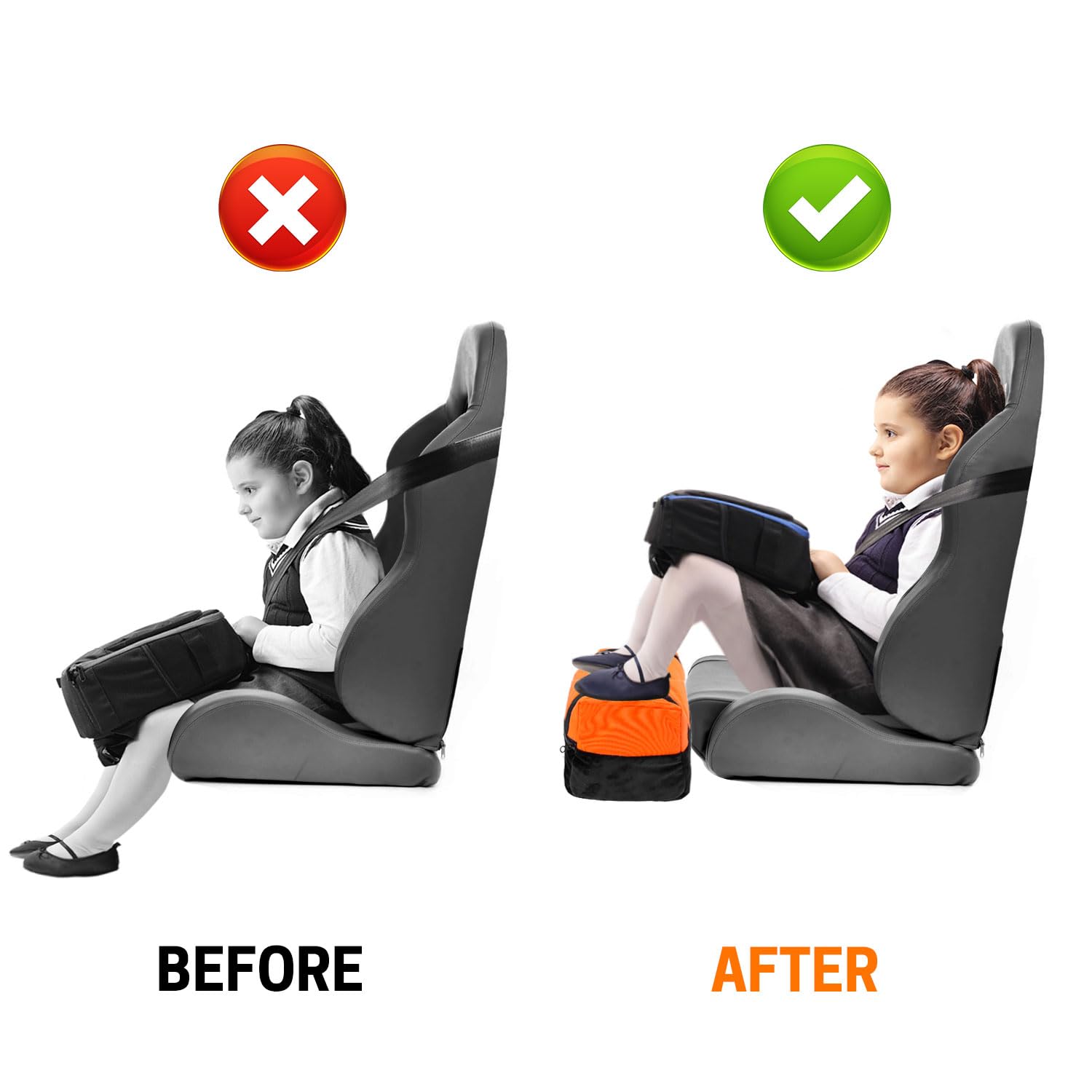 Aurya foot rest dimensions 6x6x15.5 inches fit most car seats.