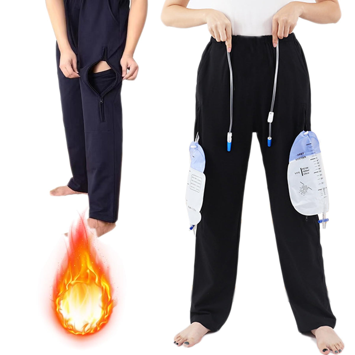 AUSTYLCO fleece-lined urine bag pants front view with discreet pocket for privacy.