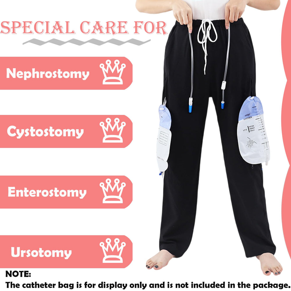 Hidden urine bag pocket design keeps tubing secure and discreet during outings.