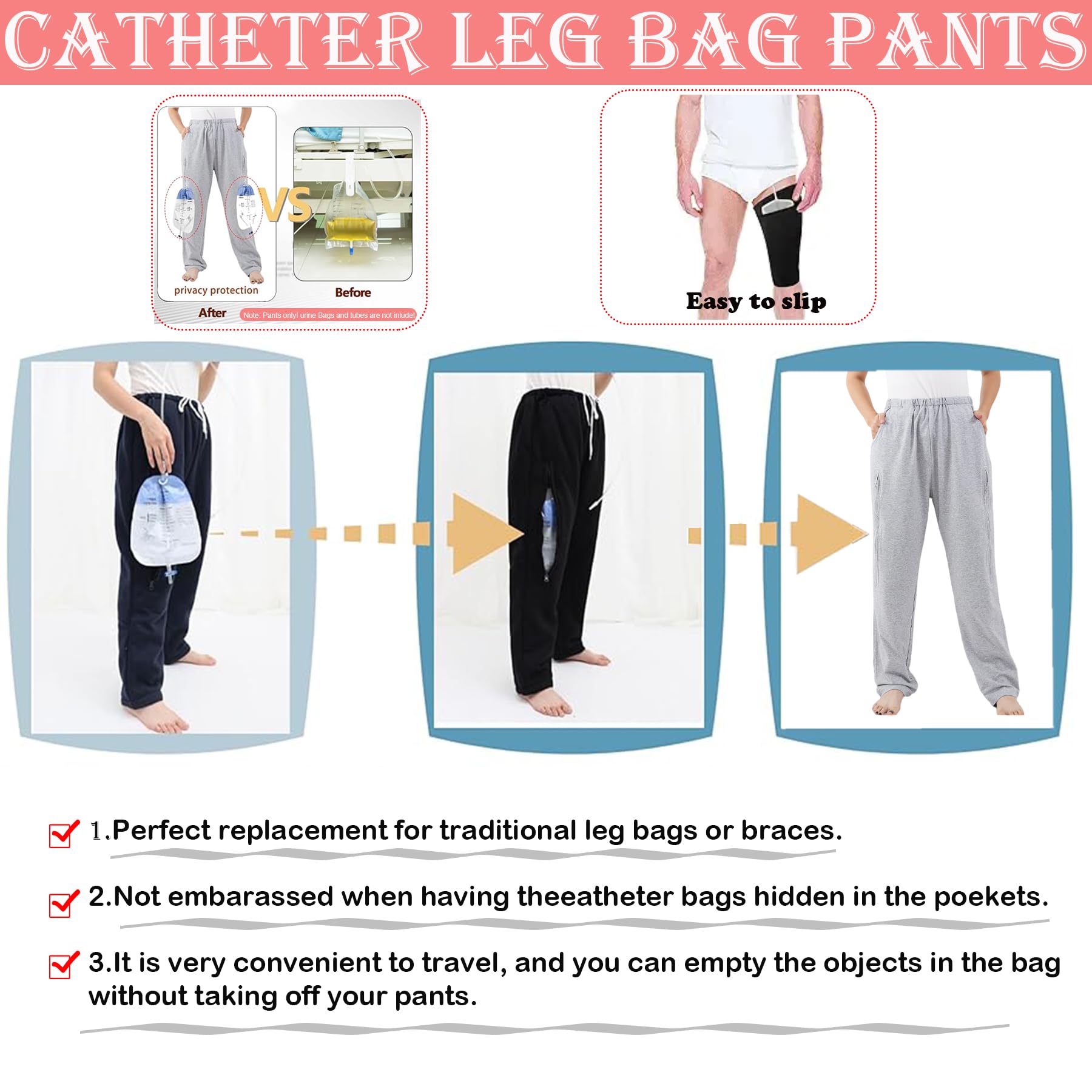 Universal-fit pants for nephrostomy, cystostomy, and incontinence needs.