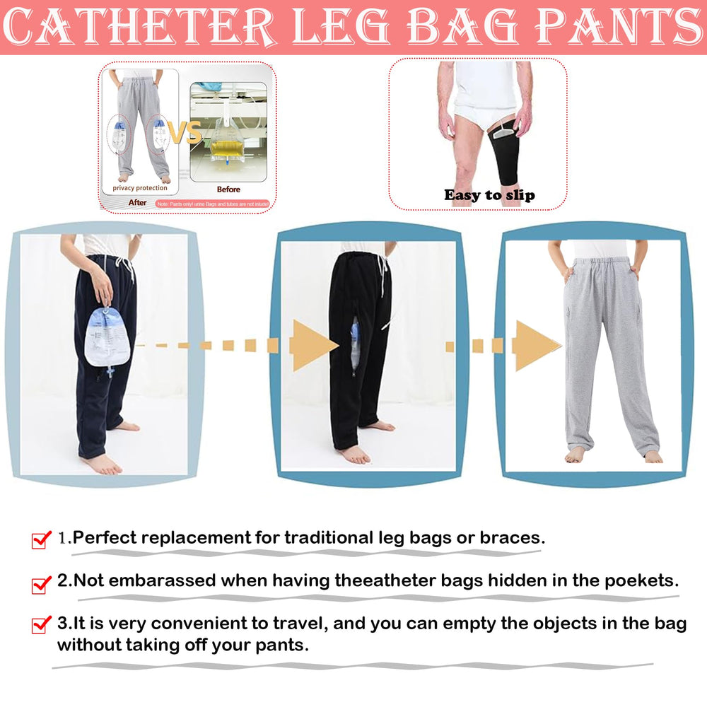 Universal-fit pants for nephrostomy, cystostomy, and incontinence needs.