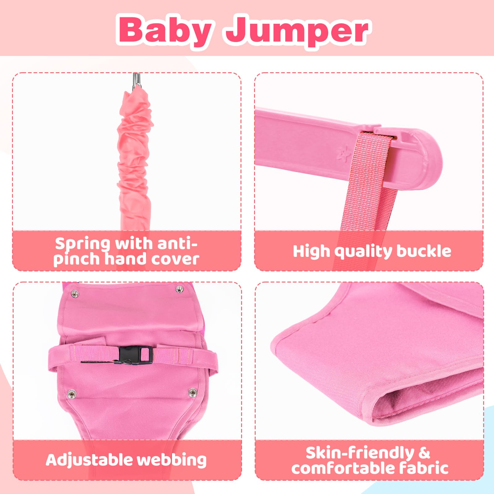 Autokakum baby jumper safety chains bluepink highlight secure suspension during jumping sessions.