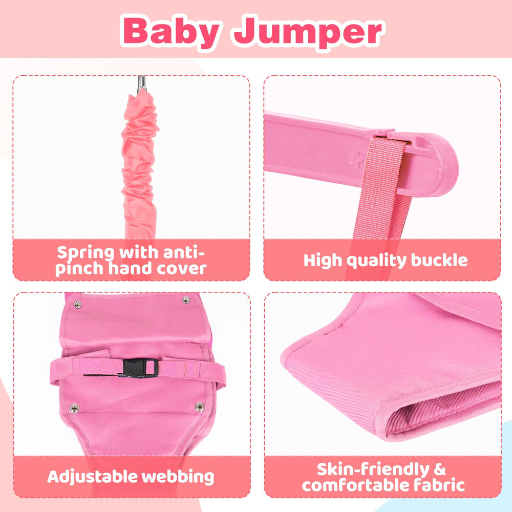 Autokakum baby jumper safety chains bluepink highlight secure suspension during jumping sessions.