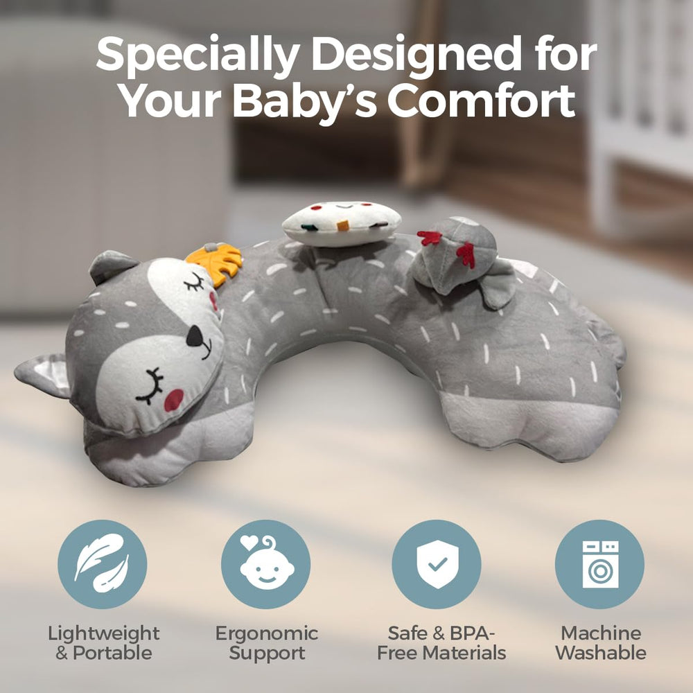 Autumn Bliss Co tummy time pillow gray fox detachable toys boost sensory engagement.