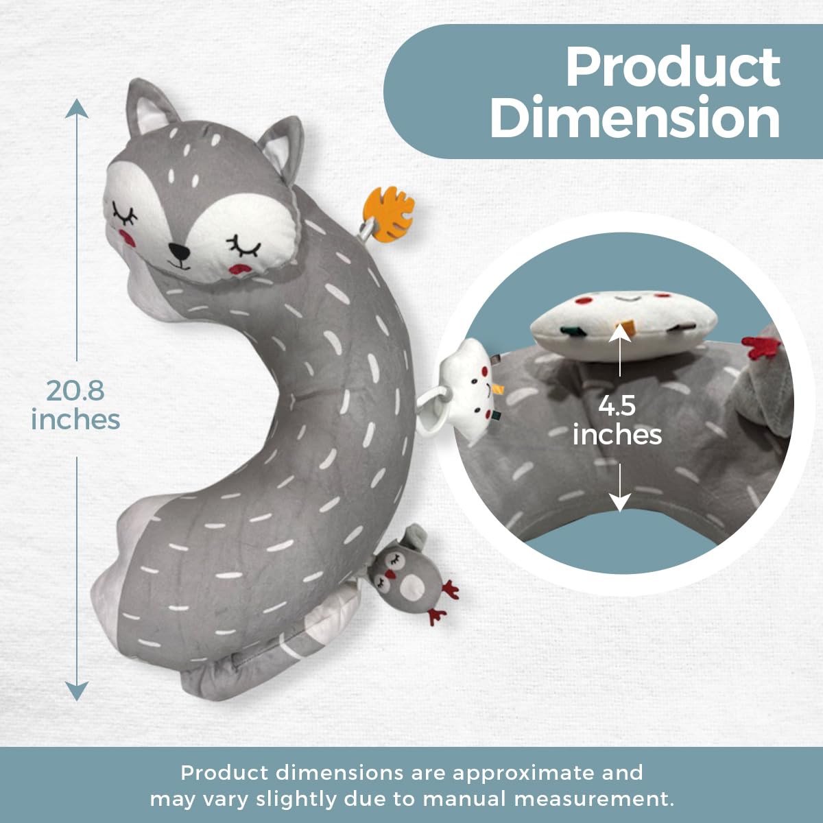 Autumn Bliss Co tummy time pillow gray fox head support promotes neck alignment.