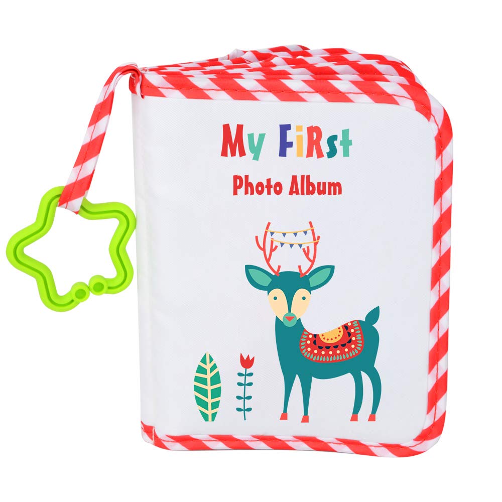 AUVCAS baby photo album with soft red cloth cover, easy handling for little hands