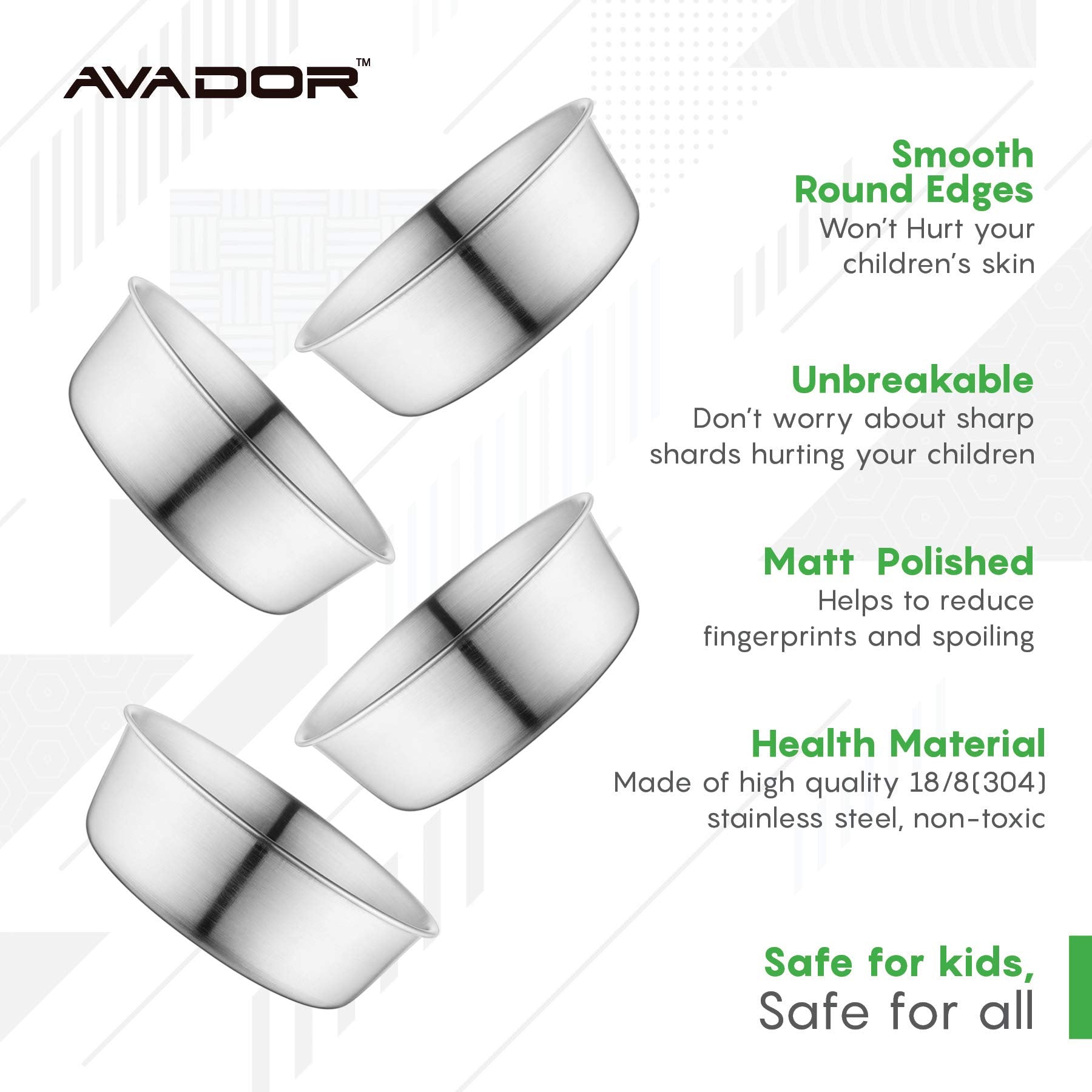 Avador BPA-free stainless steel bowls ideal for safe daily dining.