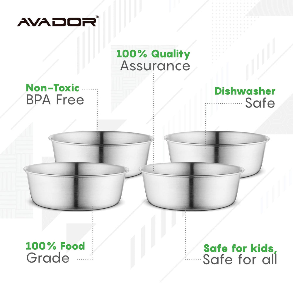 Avador dishwasher-safe stainless steel bowls for quick cleanup after meals.