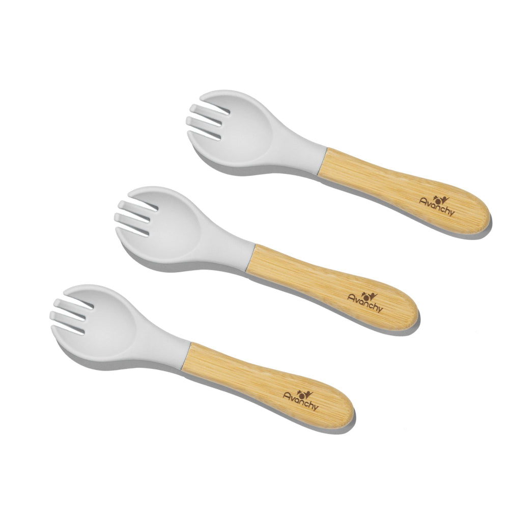 Avanchy Baby Fork Set with bamboo spork for gentle self-feeding.