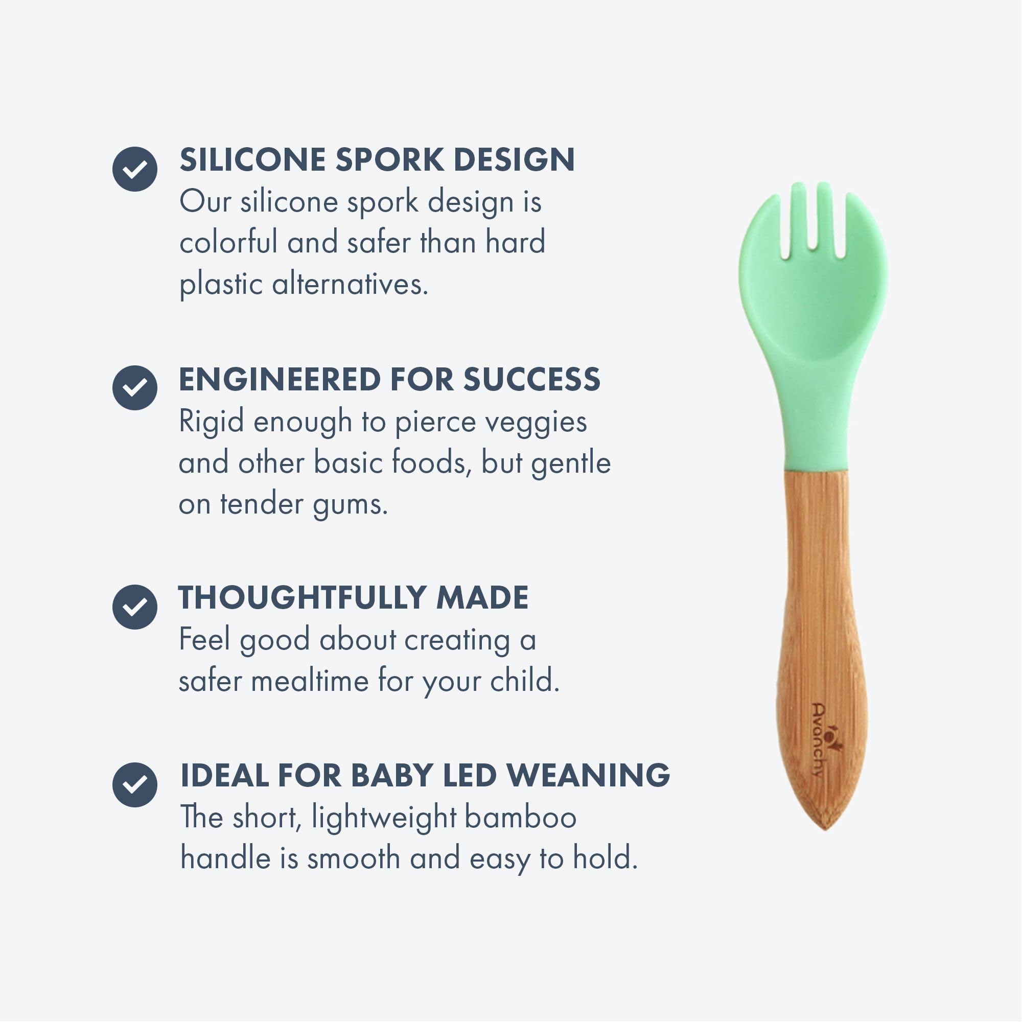 Avanchy Baby Fork Set soft silicone tips protect tender gums during meals.