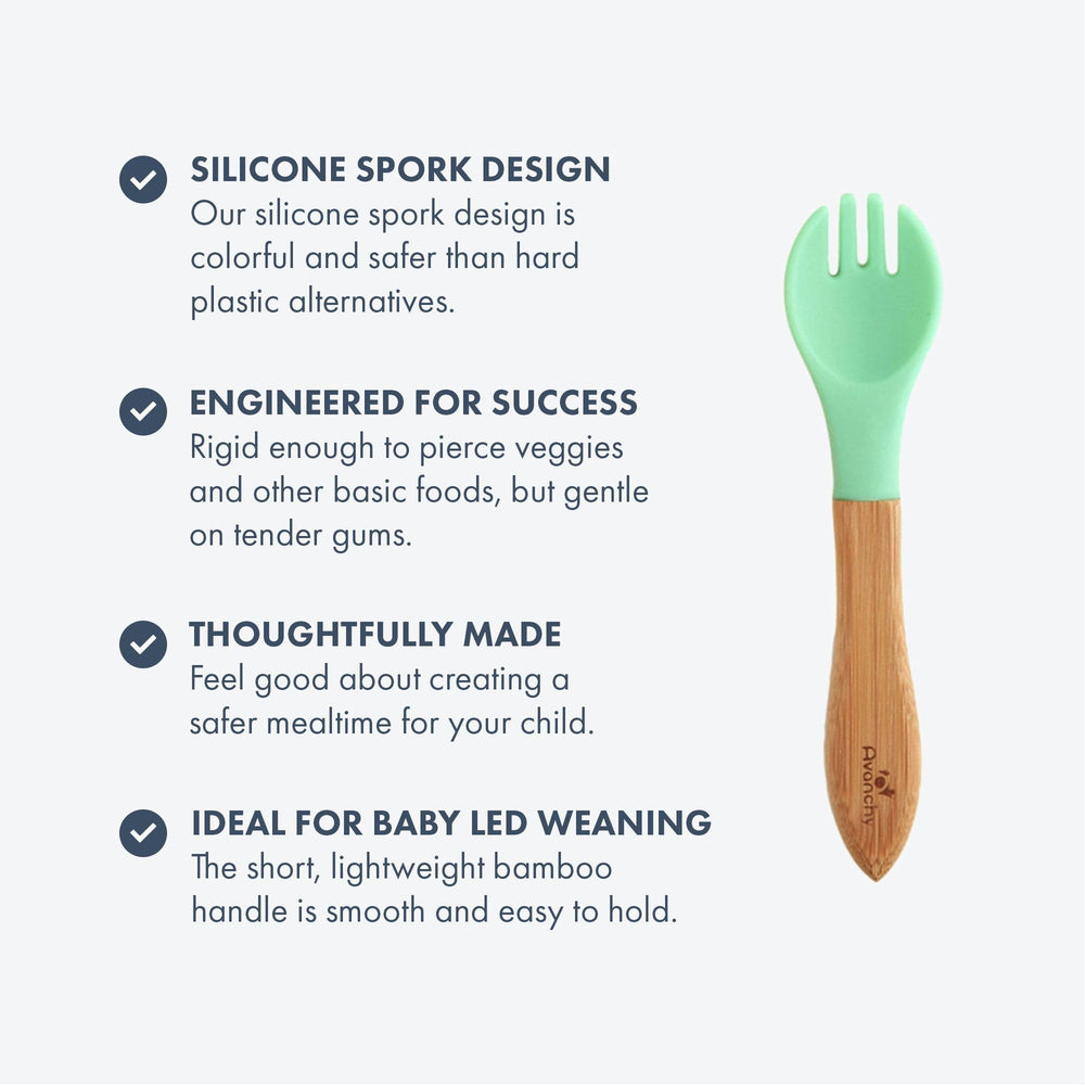 Avanchy Baby Fork Set soft silicone tips protect tender gums during meals.