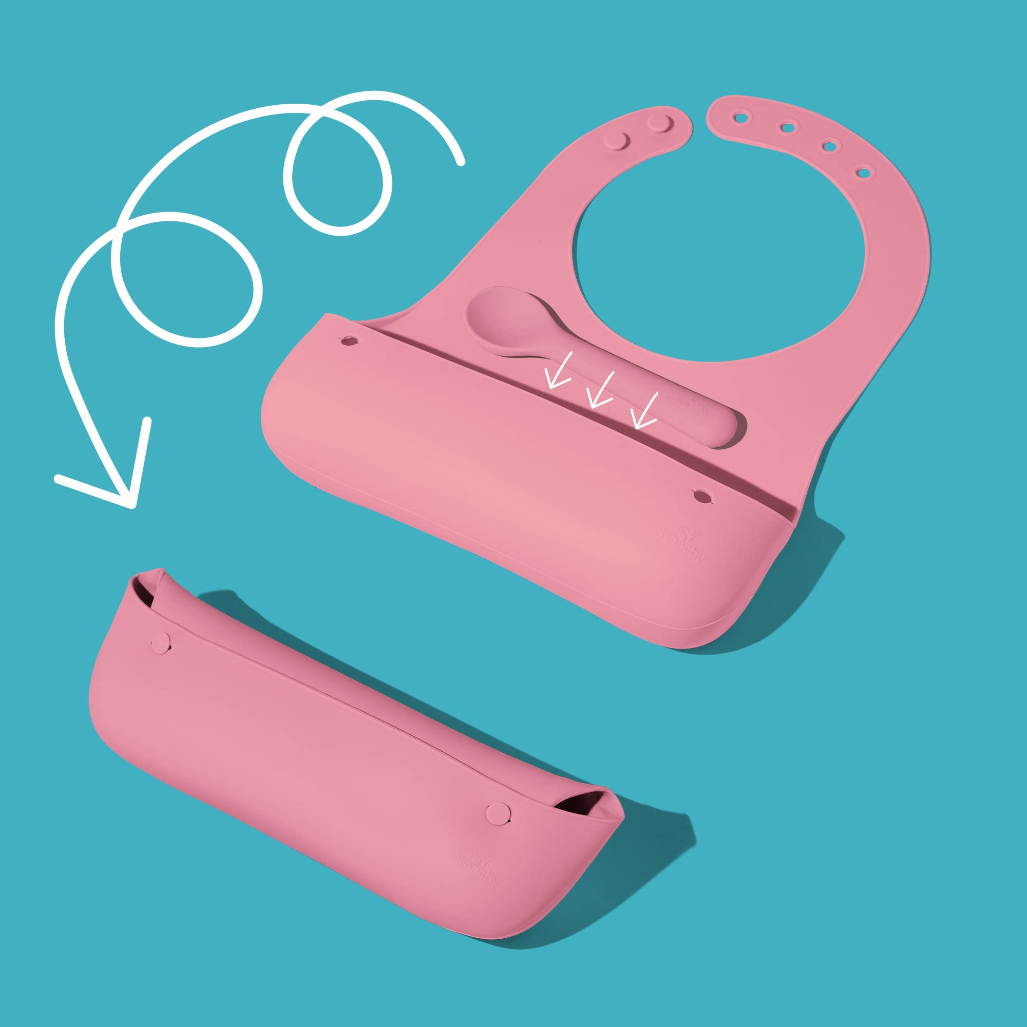 Matching spoon with the bib enhances coordinated mealtime sets.