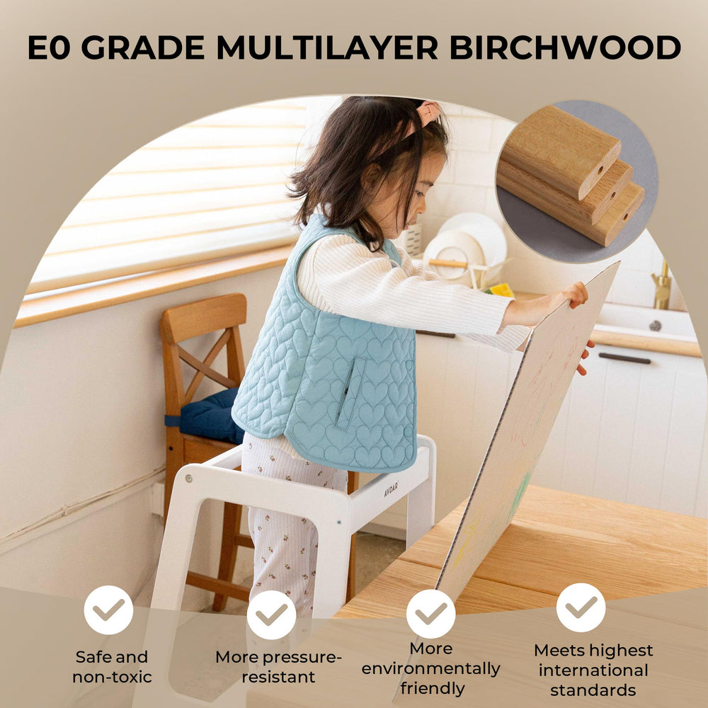 AVDAR Montessori-inspired kitchen stool promoting independent play and cooking.