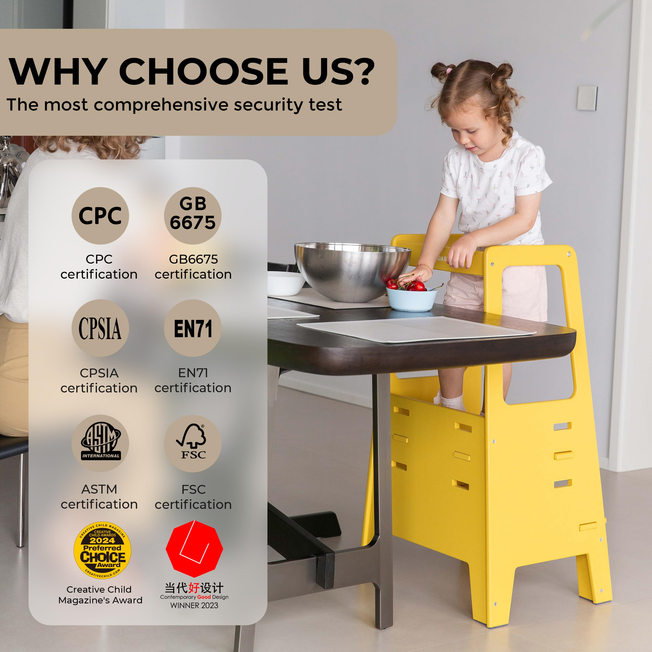 AVDAR Toddler Standing Tower birchwood finish shows durable, non-toxic craftsmanship