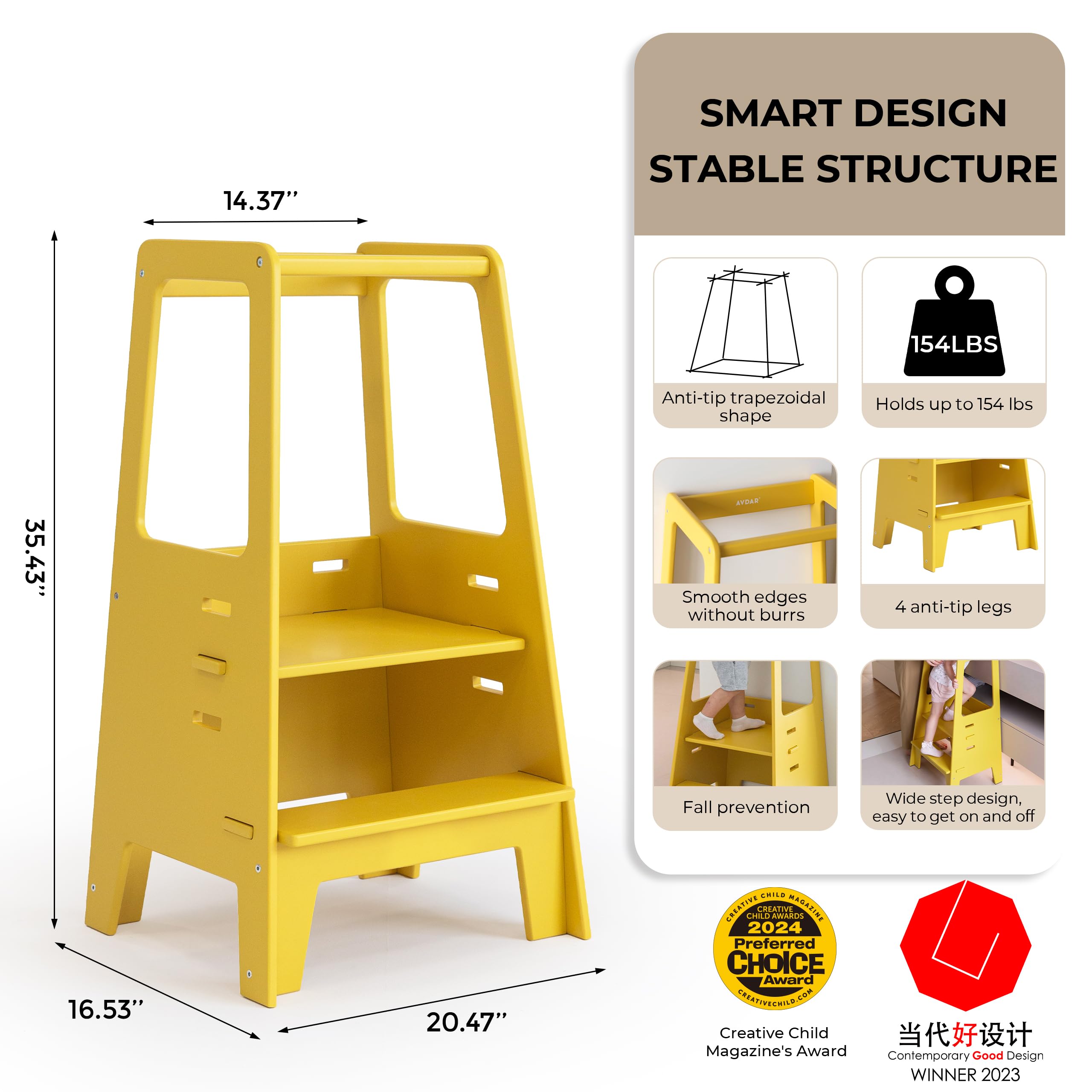 AVDAR Toddler Standing Tower side panels emphasize easy grip for kids