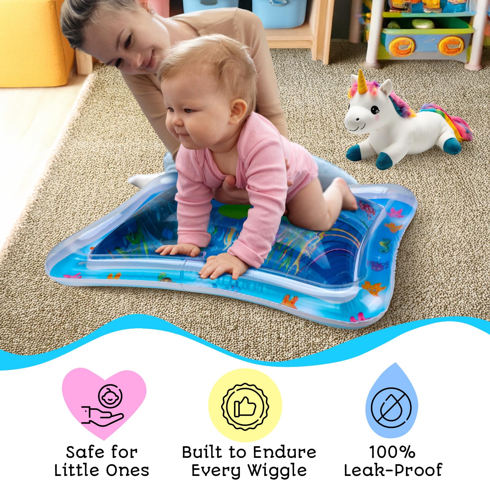 Avec Maman water mat—marine creatures—offers tactile and visual stimulation during floor play.