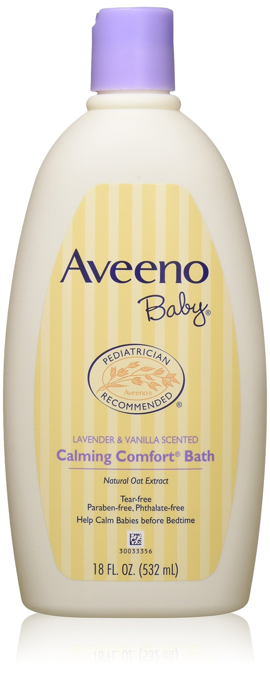 Aveeno Baby Calming Comfort Bath bottle with soothing lavender and vanilla scent for gentle cleansing.