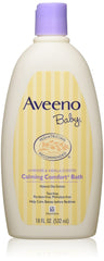 Aveeno Baby Calming Comfort Bath bottle with soothing lavender and vanilla scent for gentle cleansing.