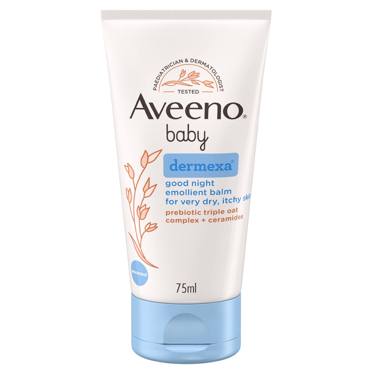 Aveeno Baby Dermexa Good Night Emollient Balm tube provides overnight hydration for dry skin.
