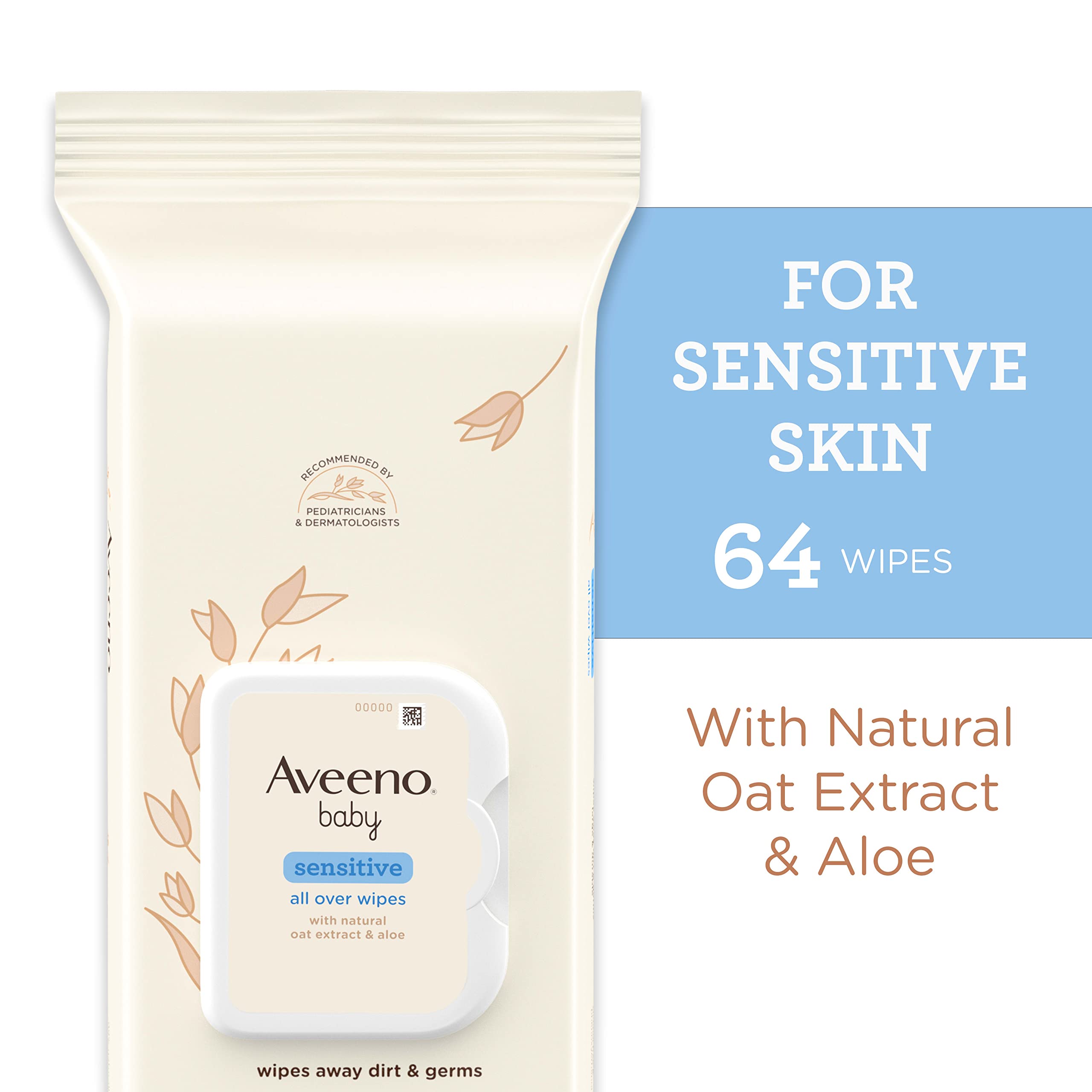 Aveeno Baby Sensitive All Over Wipes shown with large, thick fibers for gentle cleansing.