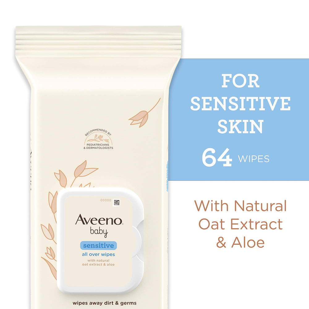 Aveeno Baby Sensitive All Over Wipes shown with large, thick fibers for gentle cleansing.