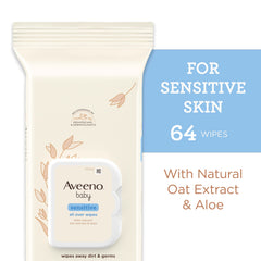 Aveeno Baby Sensitive All Over Wipes shown with large, thick fibers for gentle cleansing.