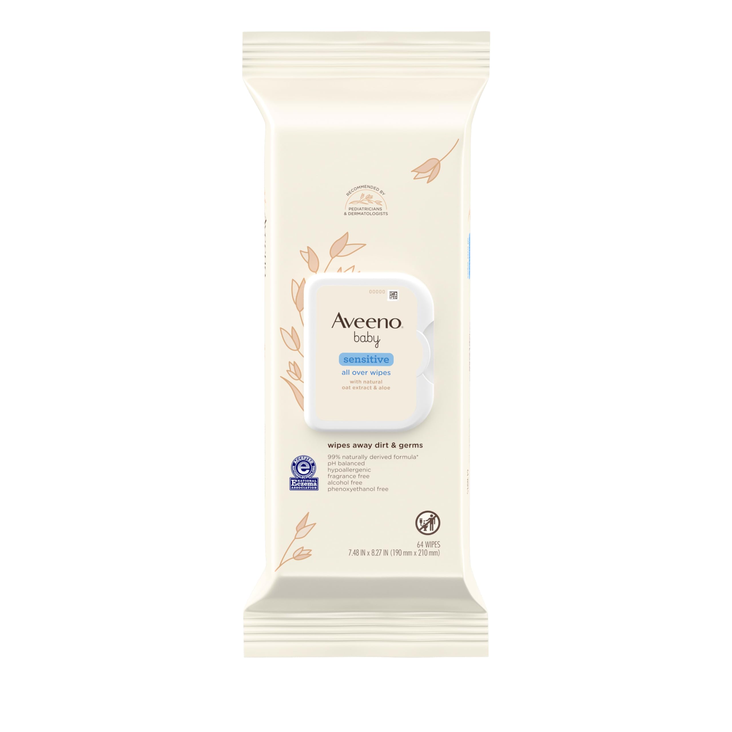 Aveeno Baby Sensitive All Over Wipes pack with resealable lid for quick on-the-go cleansing.
