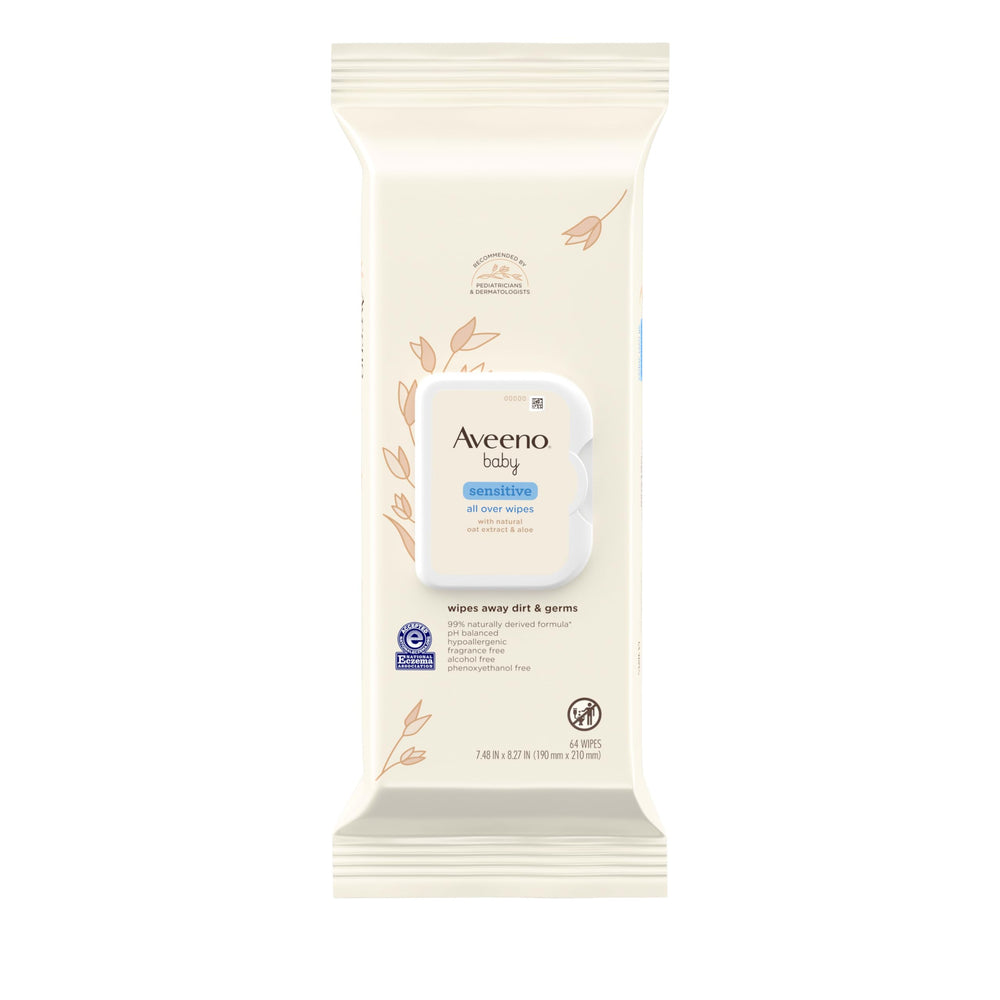 Aveeno Baby Sensitive All Over Wipes pack with resealable lid for quick on-the-go cleansing.