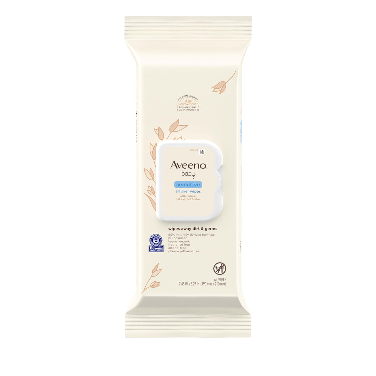 Aveeno Baby Sensitive All Over Wipes pack with resealable lid for quick on-the-go cleansing.
