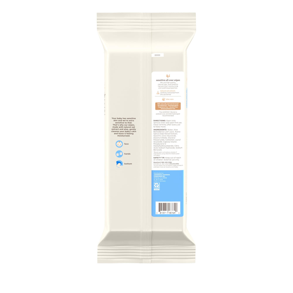 Aveeno Baby Sensitive All Over Wipes travel-friendly pack for convenient on-the-go cleaning.