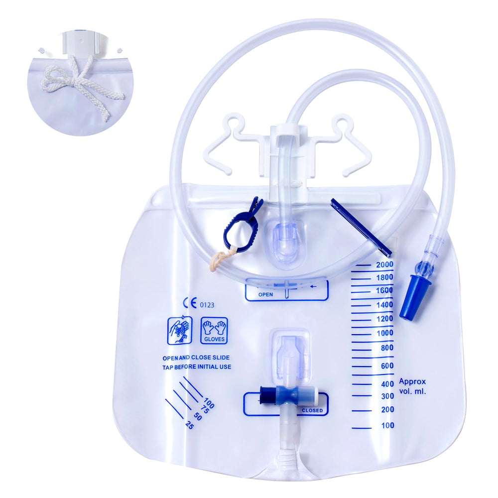Avefove urinary bag with anti-reflux chamber and 2000 mL capacity for reliable drainage.