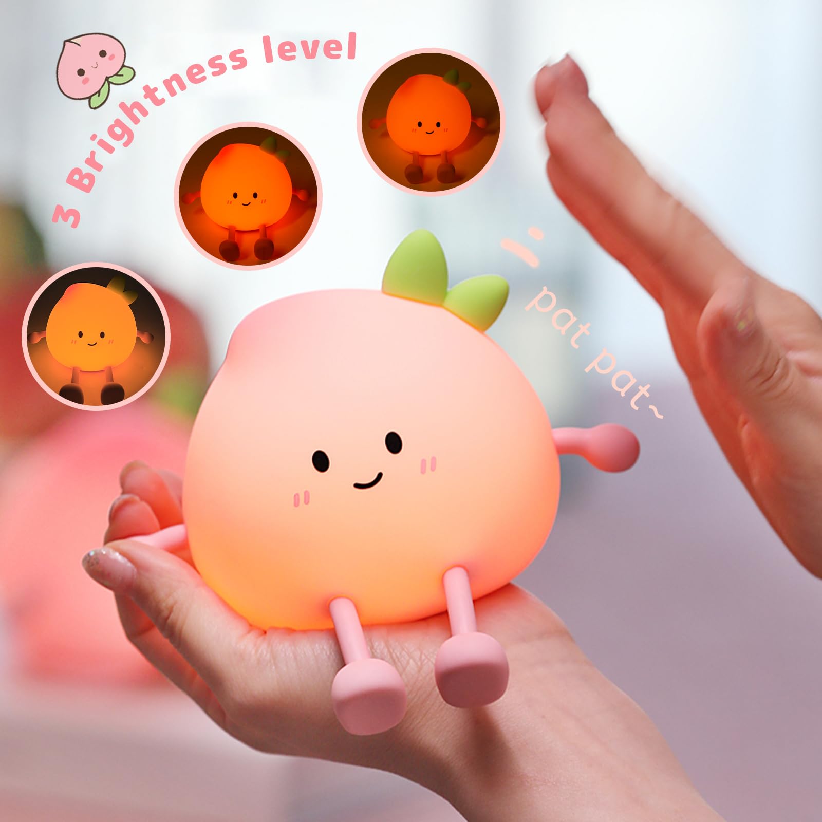 AVEKI peach night light with touch control and rechargeable battery.