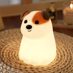 AVEKI Puppy Night Light front view; soft silicone, soothing bedside companion for kids.