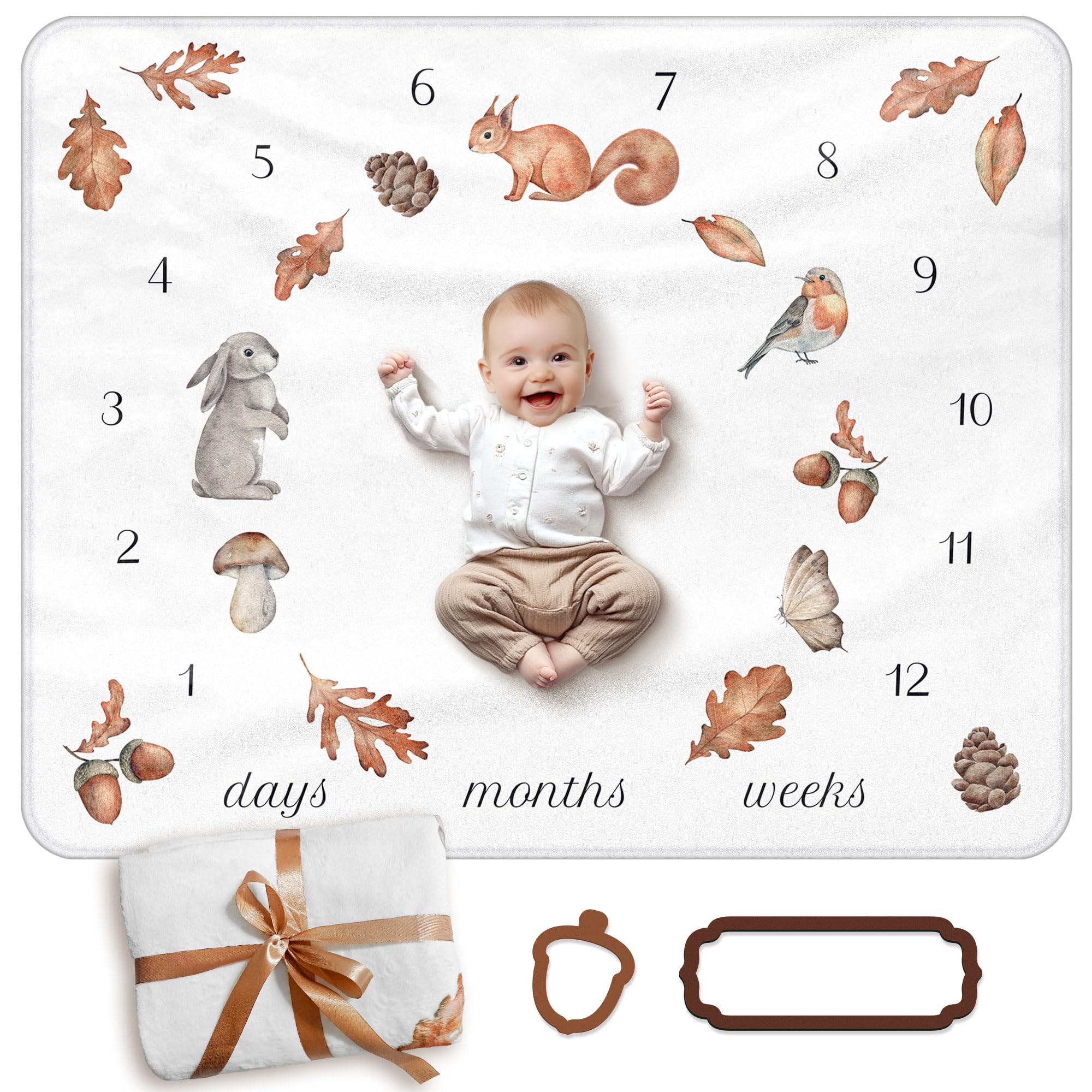 Avenlo milestone blanket with woodland acorn marker for monthly photos.