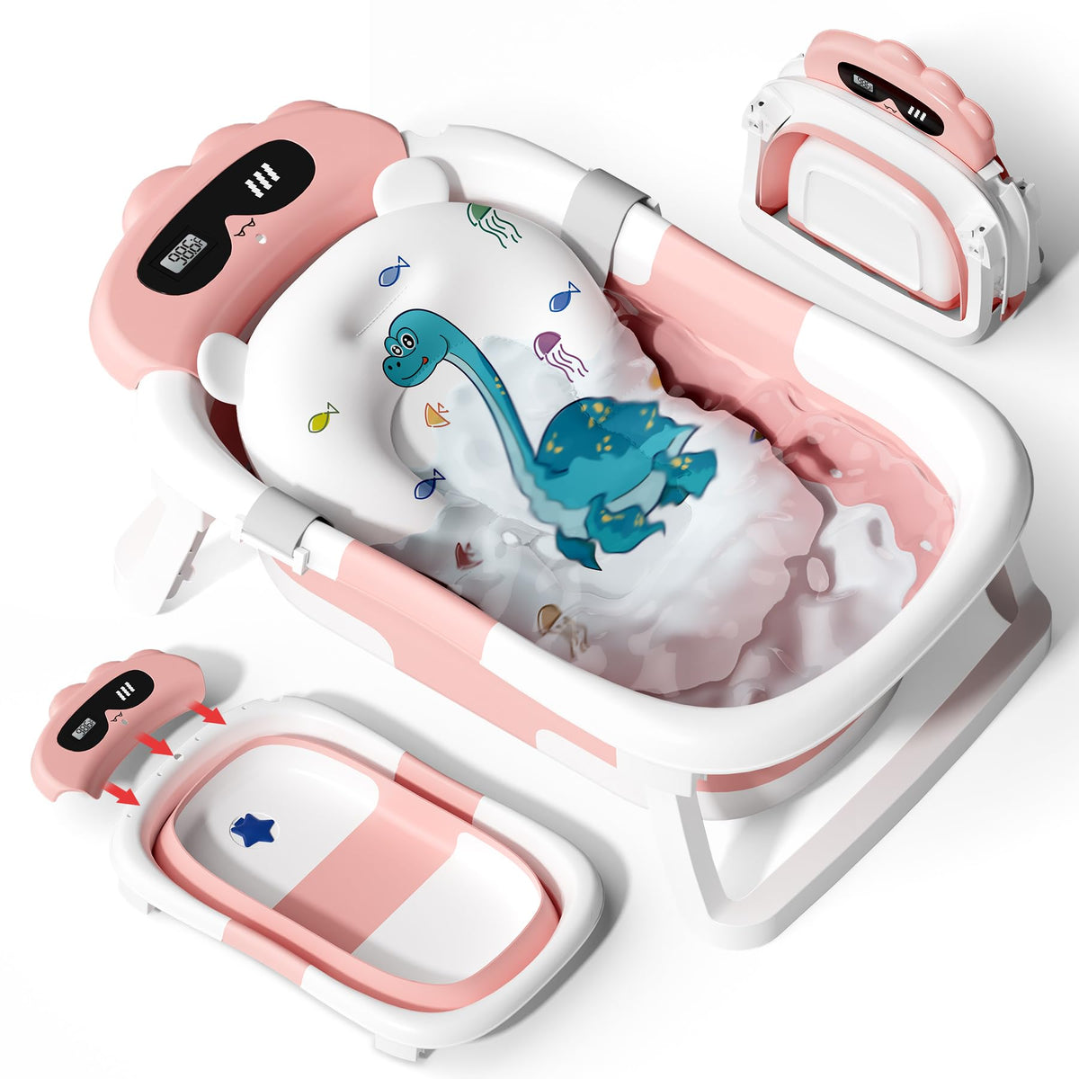 AVIDOR baby bathtub collapsible with dinosaur pink for space-saving storage