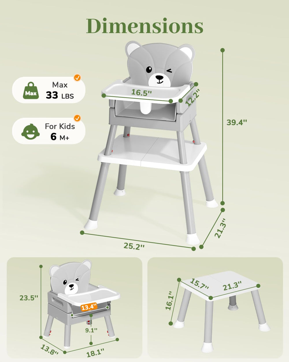 AVIDOR highchair tray area adjustable for easy feeding access.