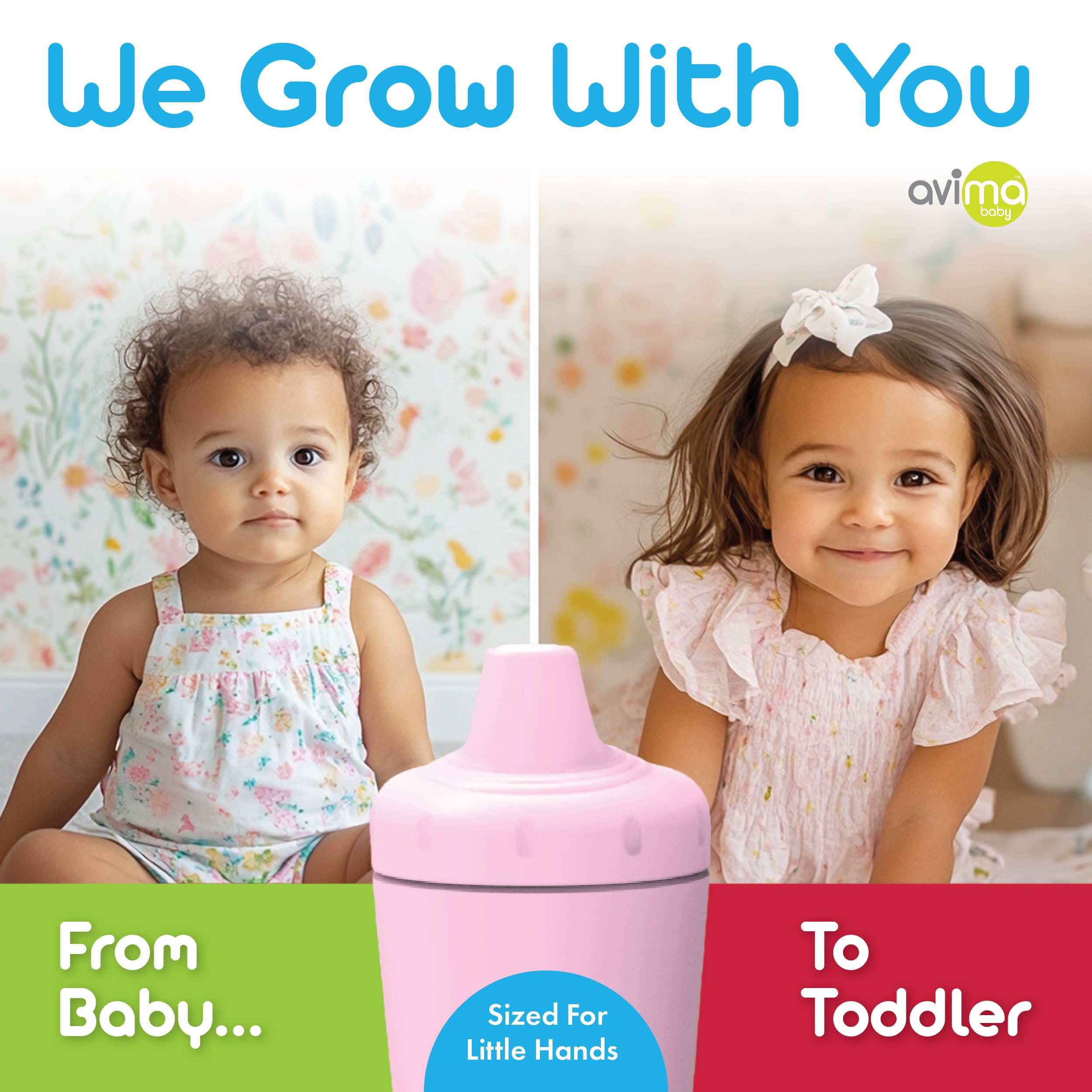 Avima spill-proof sippy cup 10oz ombre colors stimulate interest at meals.