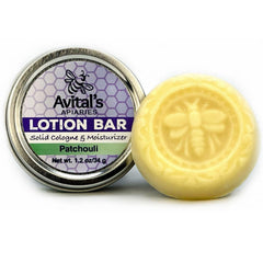 Avital's Patchouli Lotion Bar front view shows a solid moisturizer for dry skin